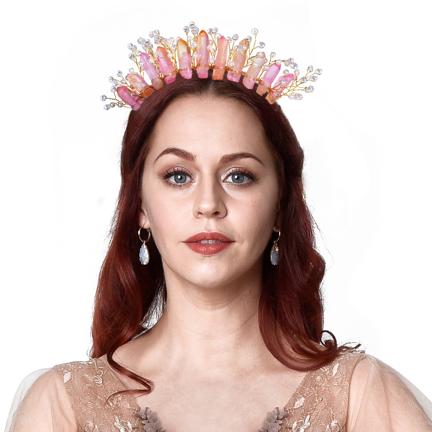 COSUCOS Raw Quartz Crystal Crown - Mermaid Crown Fairy Pink Headwear Goddess Headpiece