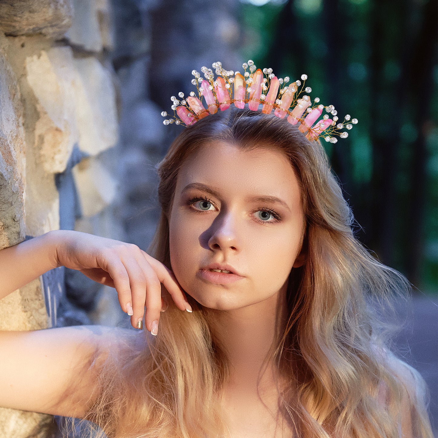 COSUCOS Raw Quartz Crystal Crown - Mermaid Crown Fairy Pink Headwear Goddess Headpiece