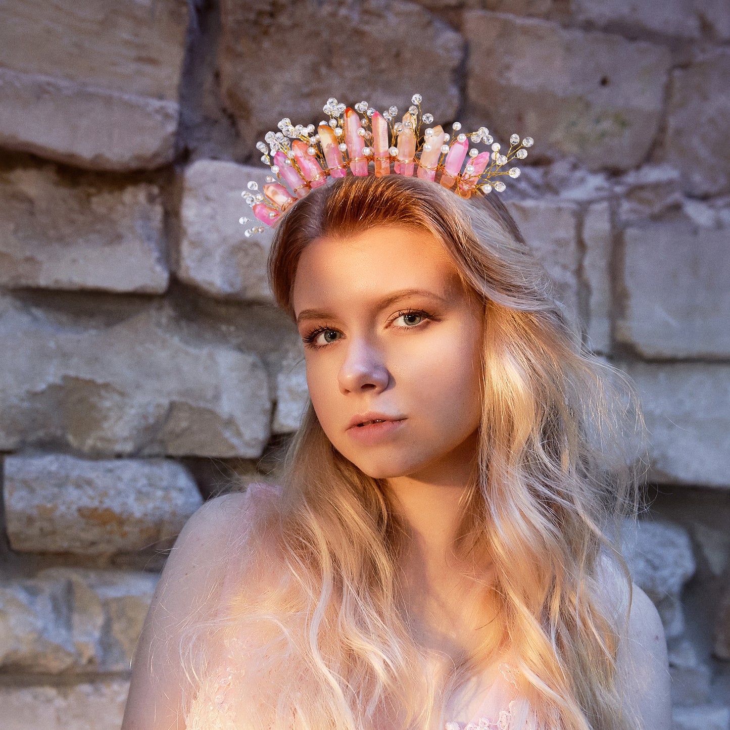 COSUCOS Raw Quartz Crystal Crown - Mermaid Crown Fairy Pink Headwear Goddess Headpiece