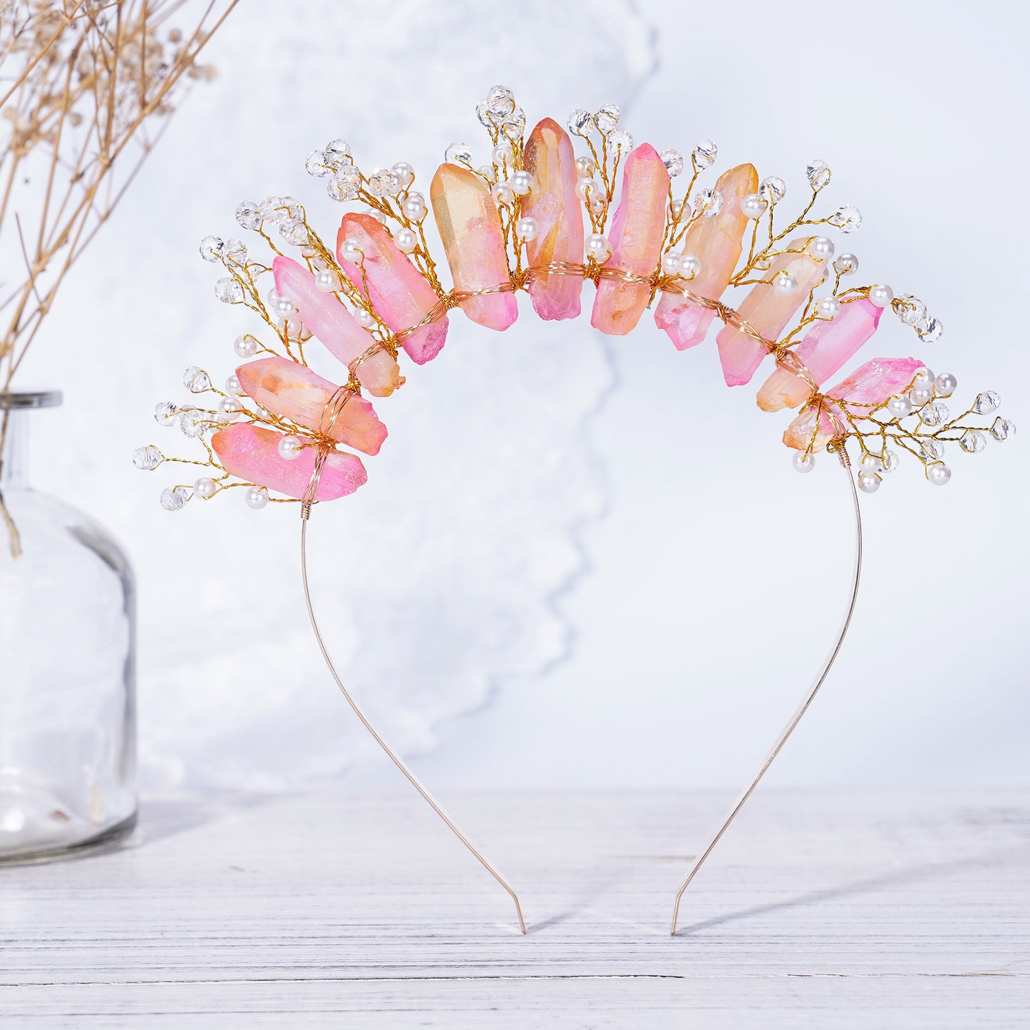 COSUCOS Raw Quartz Crystal Crown - Mermaid Crown Fairy Pink Headwear Goddess Headpiece