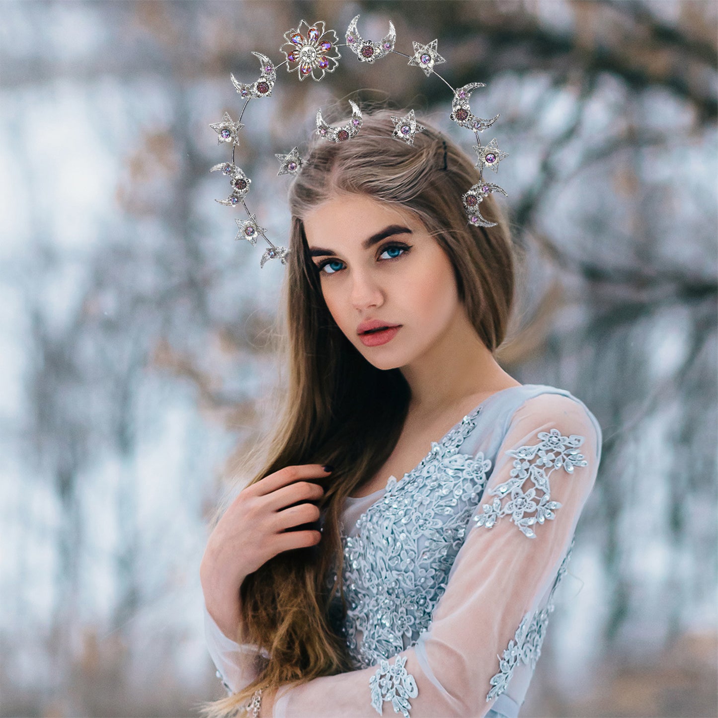 COSUCOS Handmade Star Moon Halo Crown with Pink Rhinestone Goddess Headband
