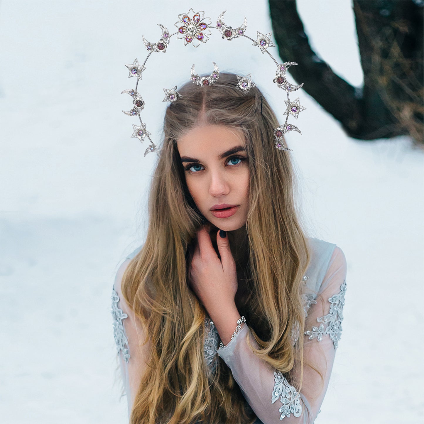 COSUCOS Handmade Star Moon Halo Crown with Pink Rhinestone Goddess Headband