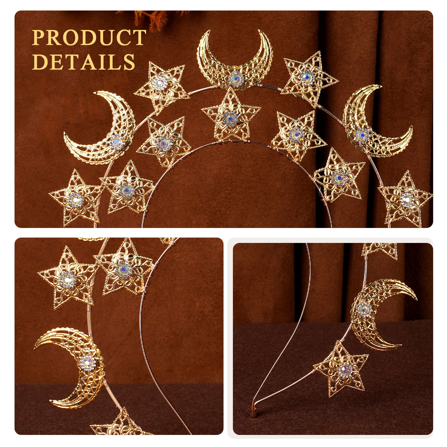 COSUCOS Gold Moon Star Halo Crown - Celestial Headband Goddess Crown Mary Metal Halo Headpiece