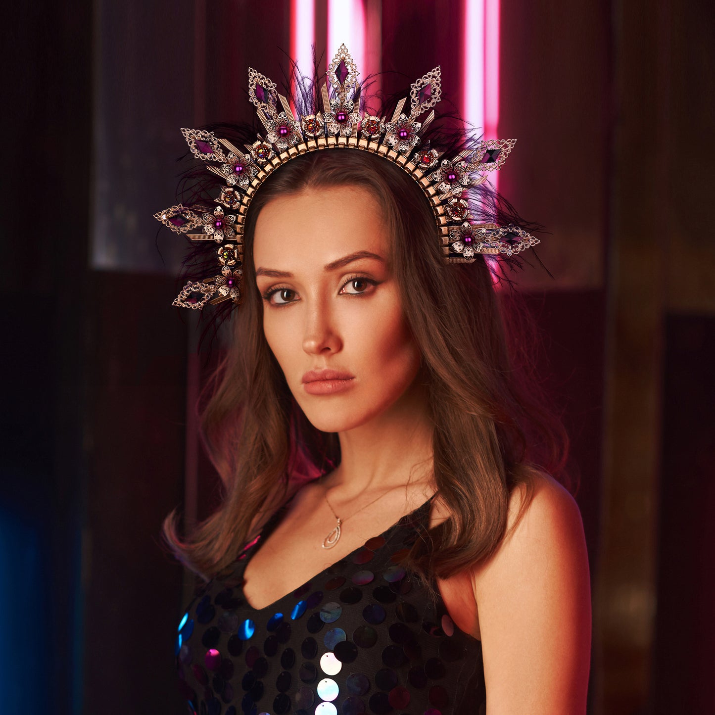 Purple Spiked Feather Halo Crown Headpiece