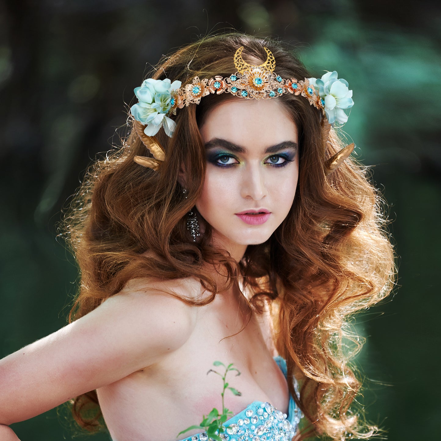 COSUCOS Fashion Gold Sheep Horn Headband Ram Horn Fairy Flower Crown Headwear