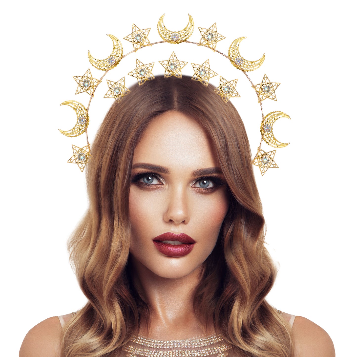 COSUCOS Gold Moon Star Halo Crown - Celestial Headband Goddess Crown Mary Metal Halo Headpiece