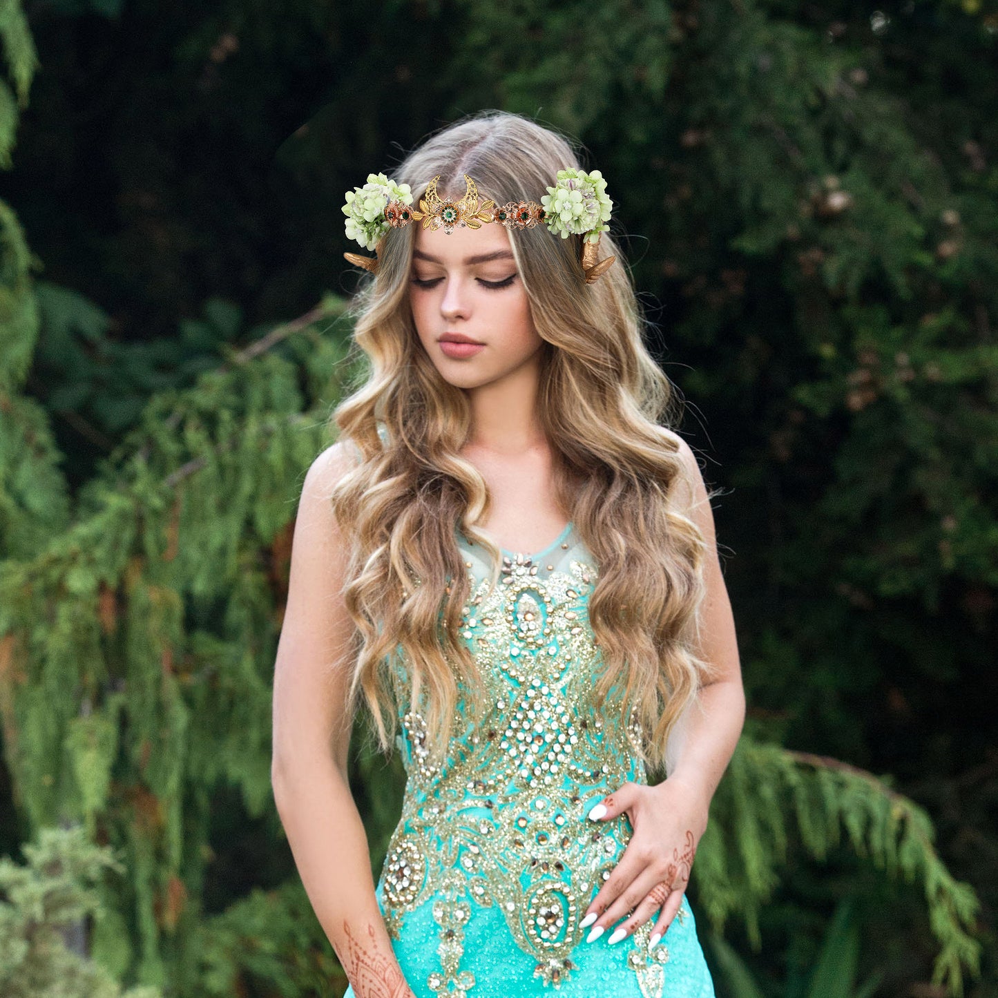 COSUCOS Viking Classic Sheep Horn Headband with Flower Witch Crown Forest Woodland