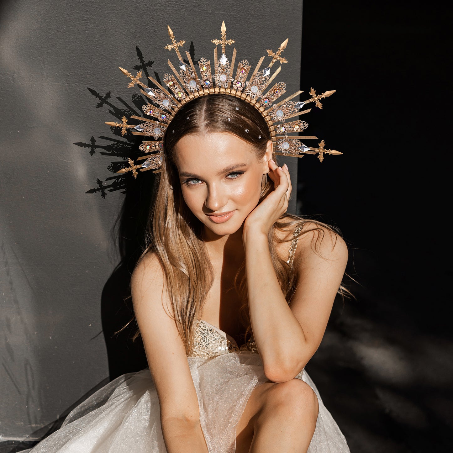COSUCOS Halo Headpiece Handmade Gold Celestial Sunburst Crown