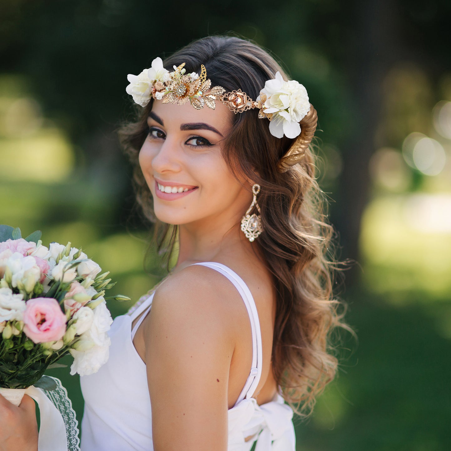 COSUCOS Classic Gold Ram Horn Crown Viking Sheep Horn Headband Elf Flower Tiara