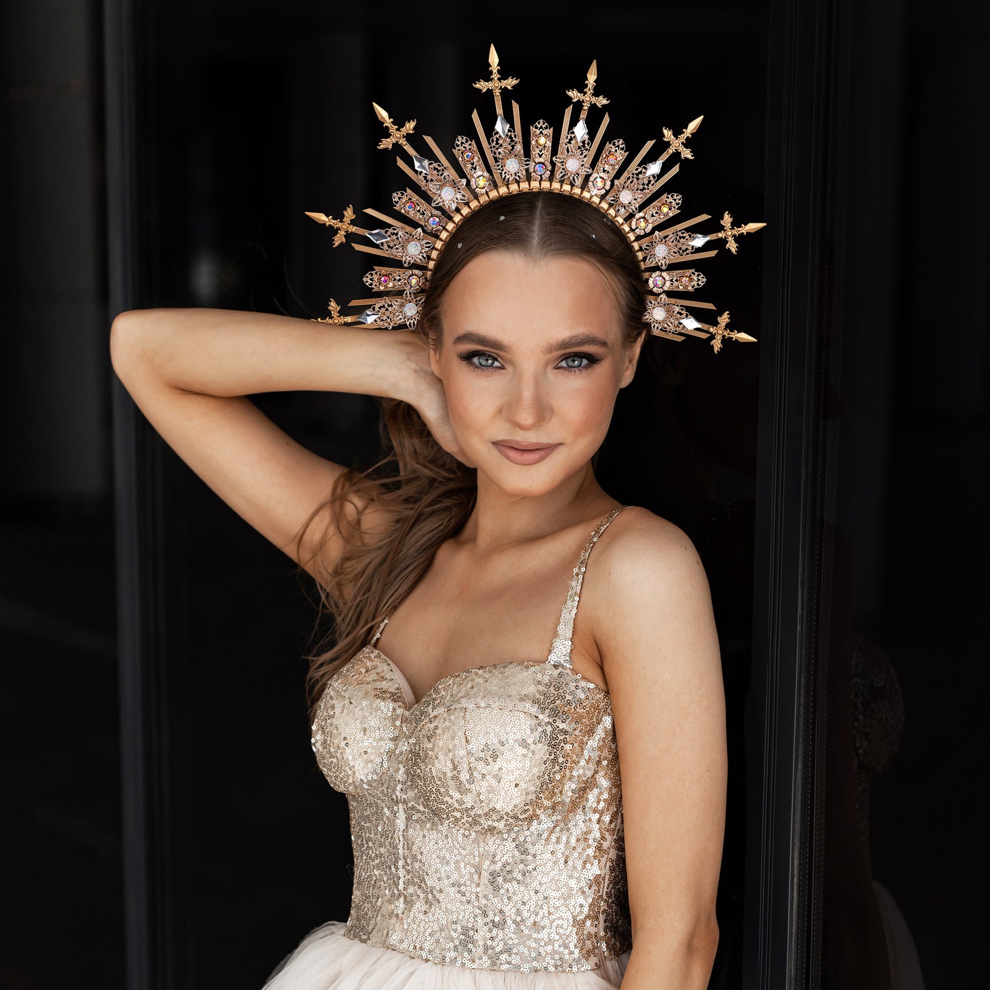 COSUCOS Halo Headpiece Handmade Gold Celestial Sunburst Crown
