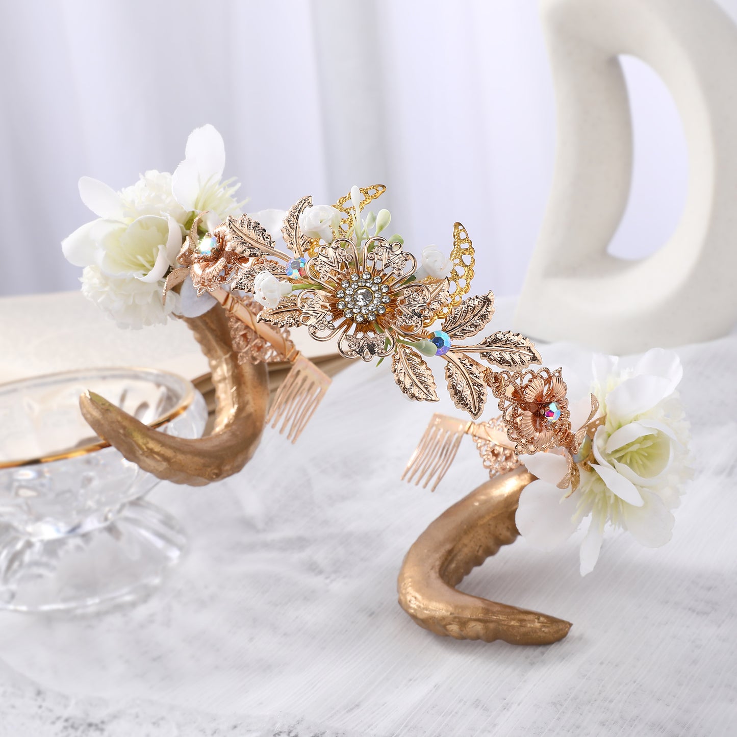 COSUCOS Classic Gold Ram Horn Crown Viking Sheep Horn Headband Elf Flower Tiara