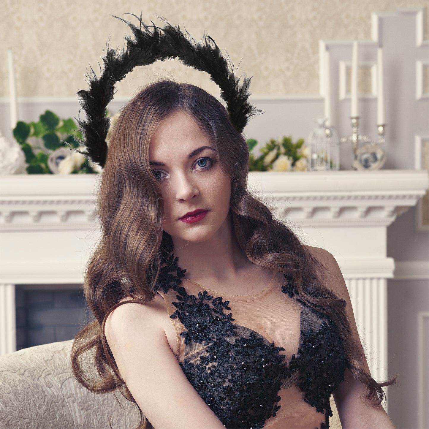 COSUCOS Black Feather Halo Headpiece Crown