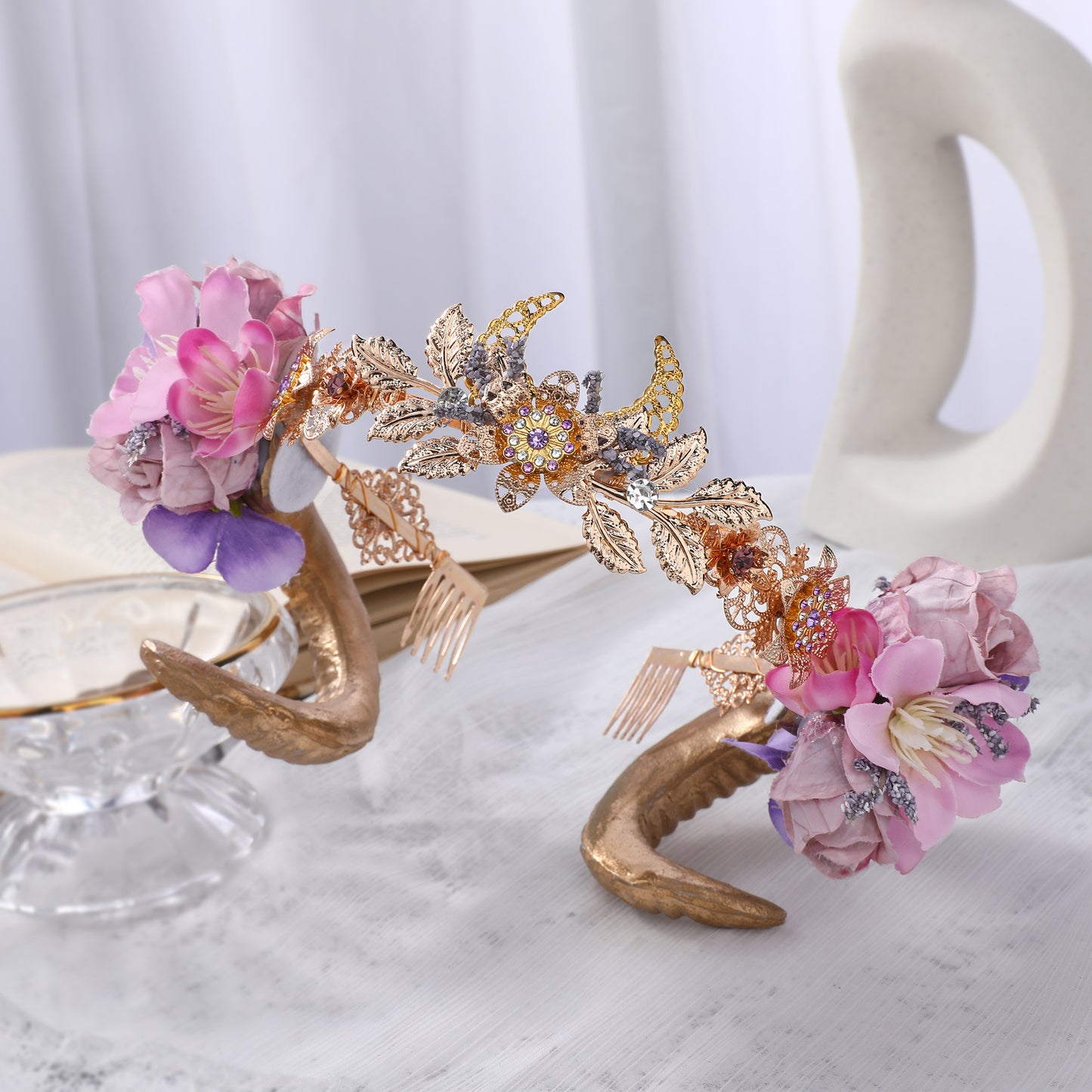COSUCOS Classic Gold Ram Horn Crown Viking Sheep Horn Headband Elf Flower Tiara