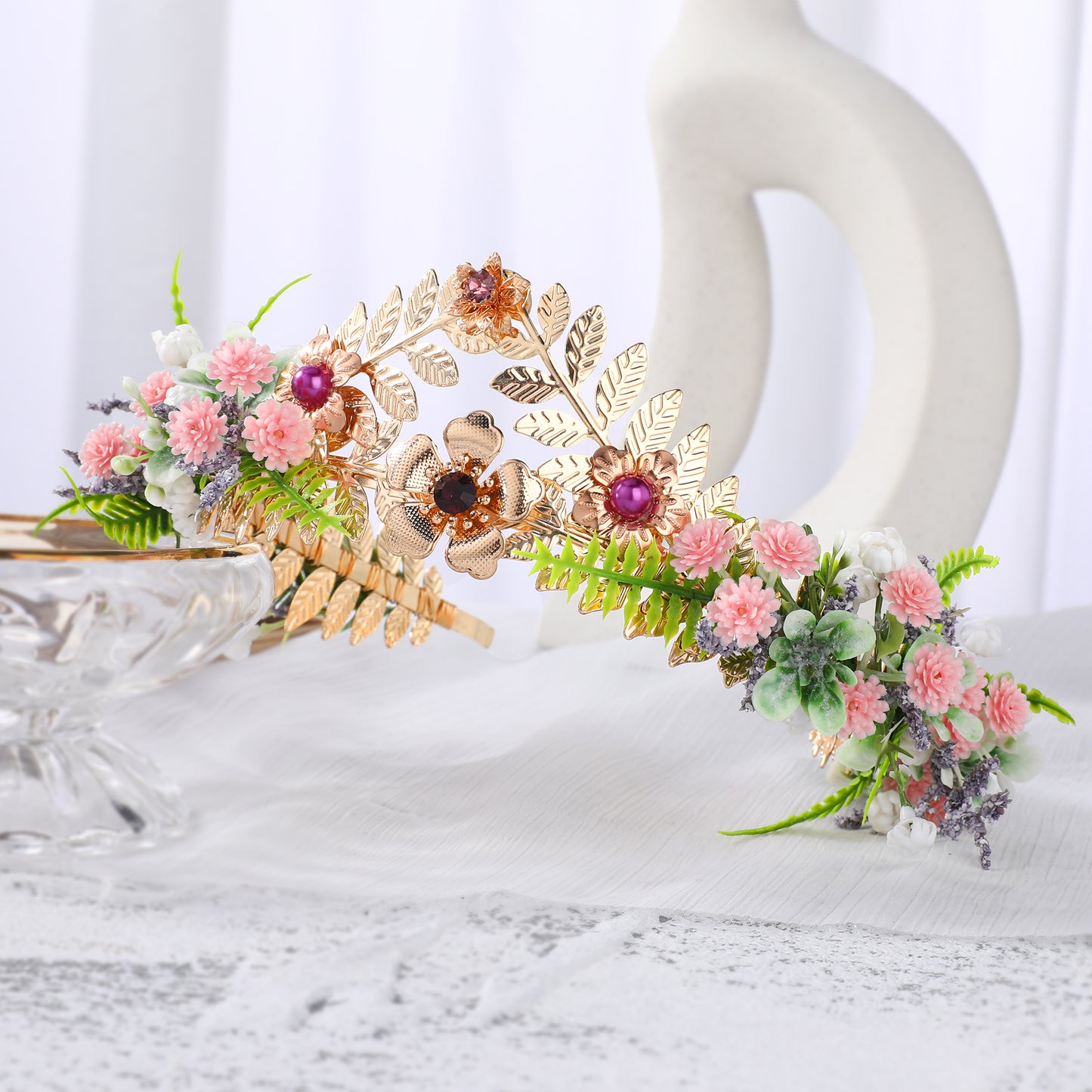 COSUCOS Exquisite Gold Goddess Leaf Crown with Pearl Rhinestone Princess Leaf Tiara