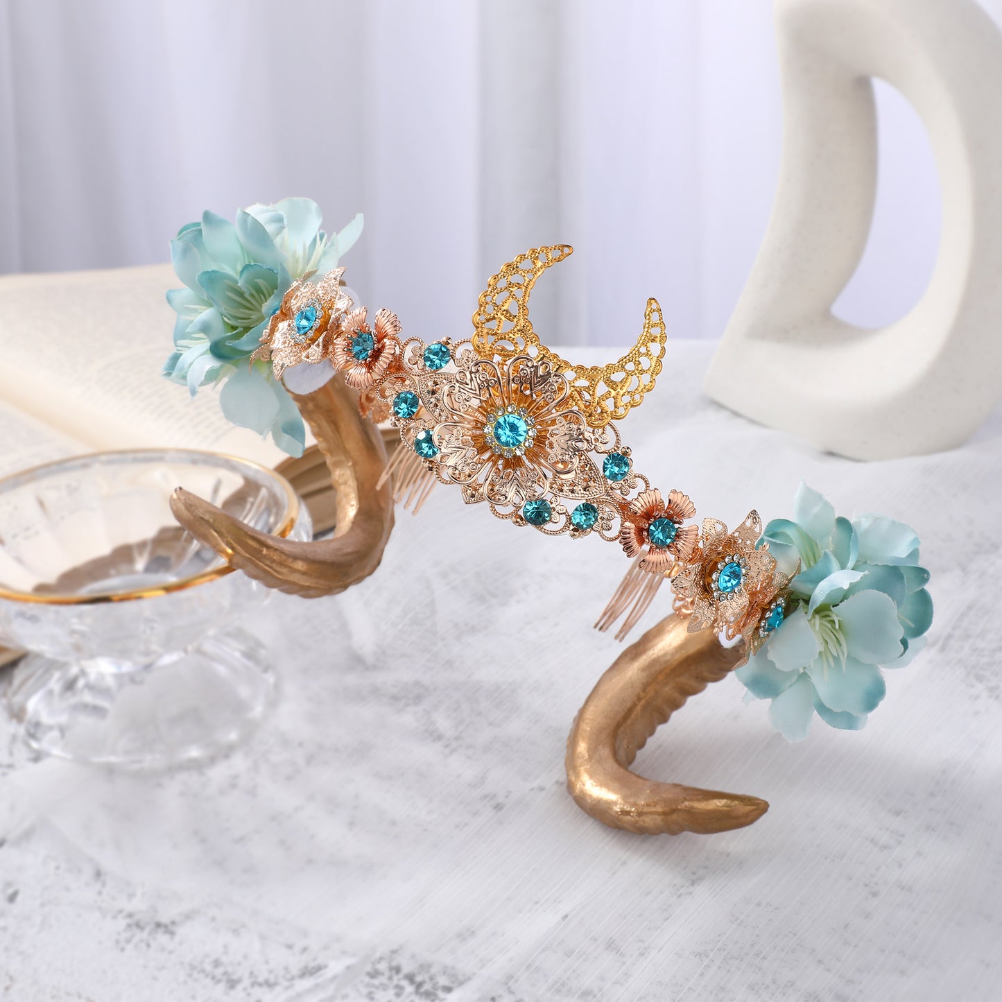 COSUCOS Fashion Gold Sheep Horn Headband Ram Horn Fairy Flower Crown Headwear