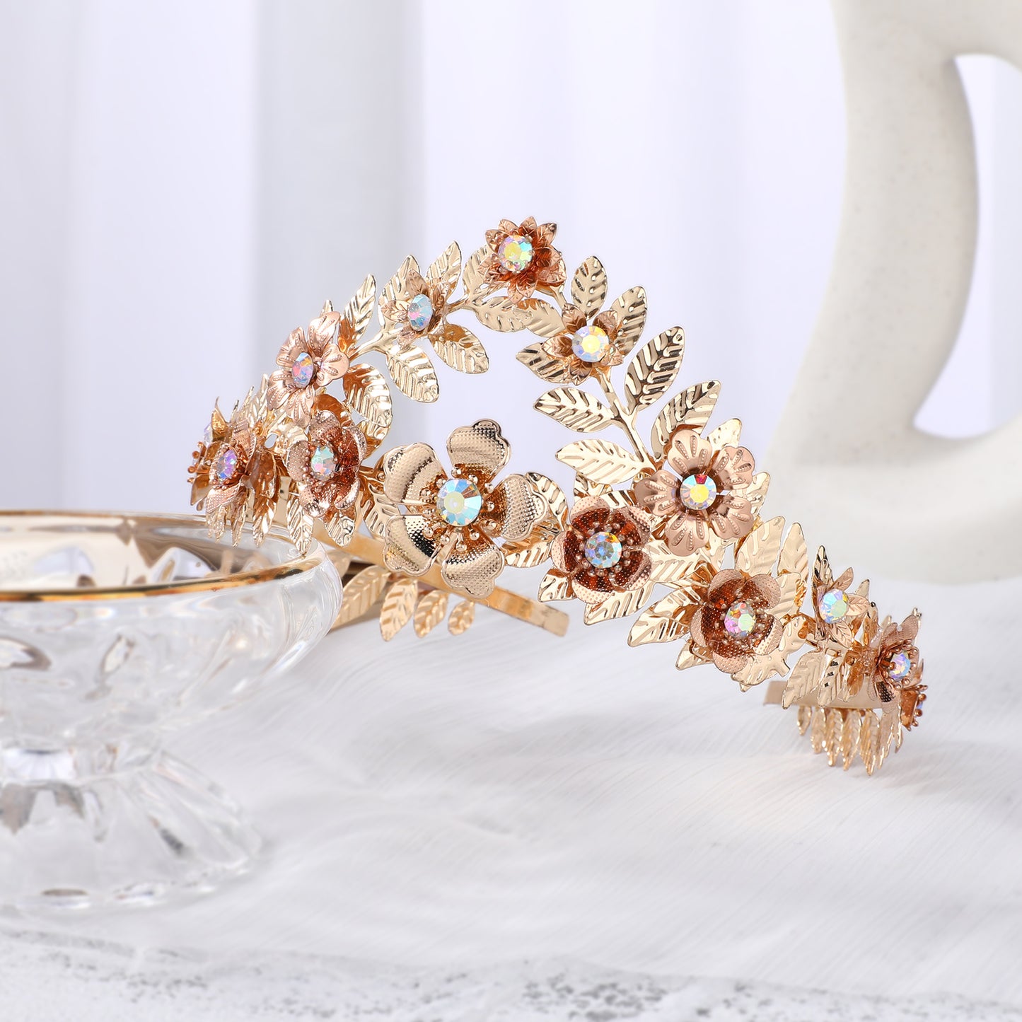 COSUCOS Fashion Gold Leaf Crown with Pearl Rhinestone Goddess Queen Leaf Tiara Headband