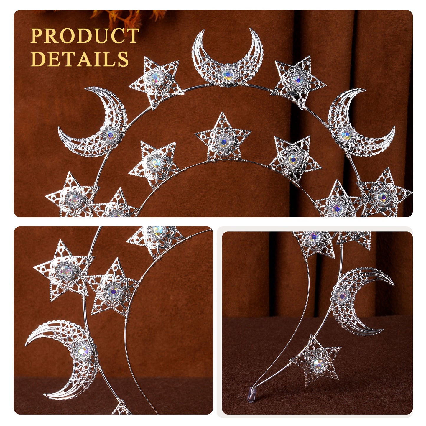 COSUCOS Sliver Moon Star Halo Crown - Celestial Headband with Rhinestones Goddess Headpiece