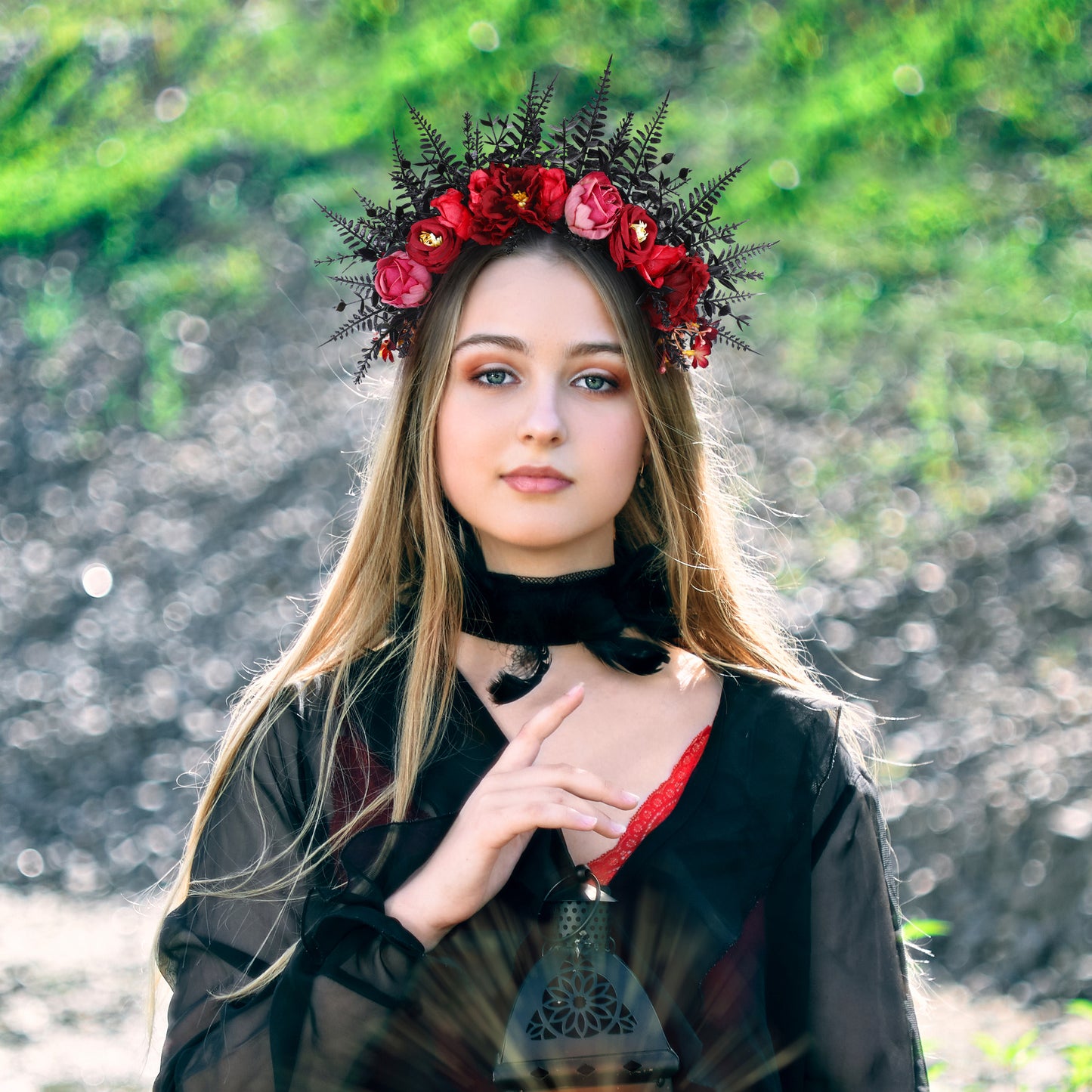 Gothic Flower Crown Black Wedding Headpiece