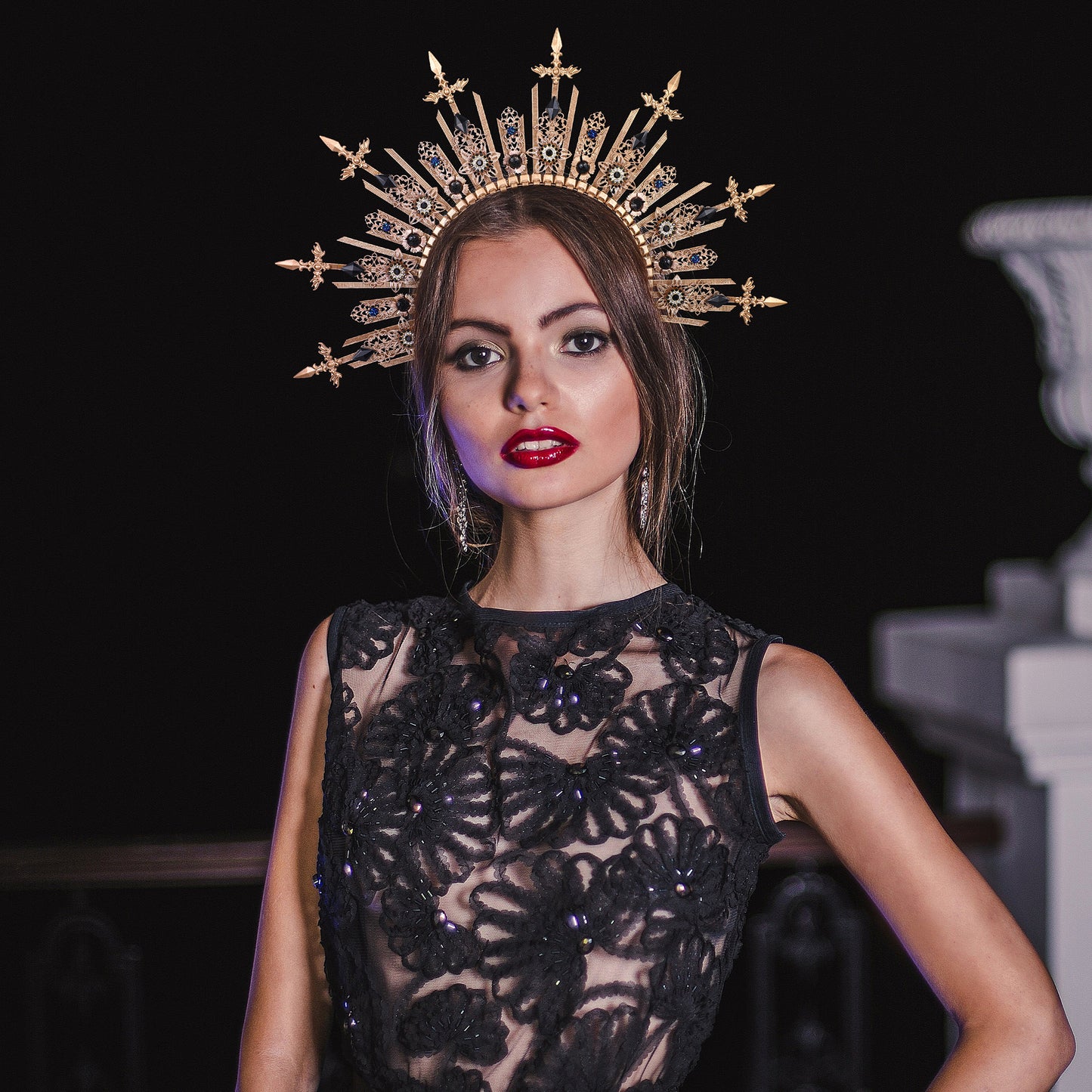 COSUCOS Halo Crown Handmade Gold Mary Goddess Headpiece