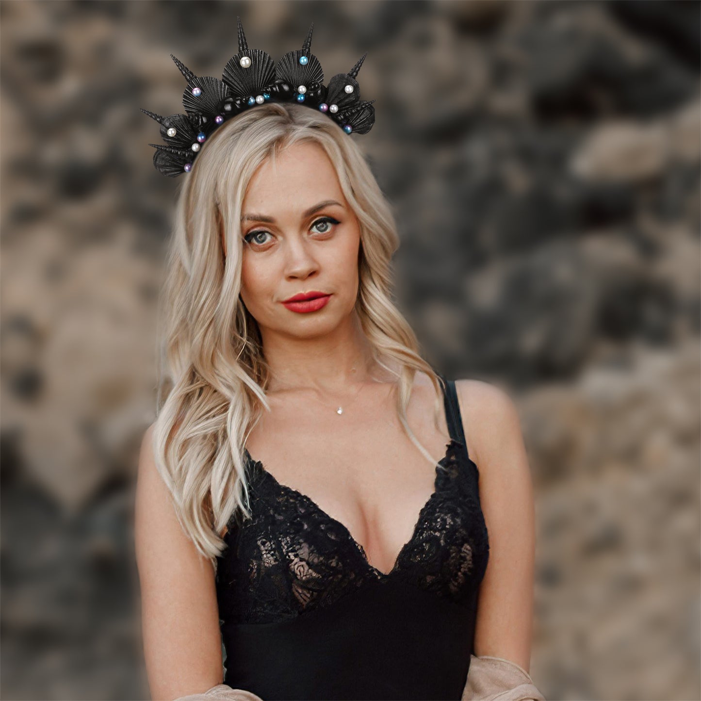 Shell Halo Crown Headpiece - White Blue Pearl Headband Taira Black Shell