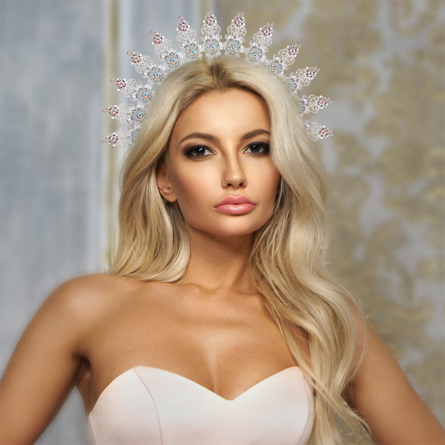 COSUCOS Silver Halo Crown Headpiece - Goddess Headpiece Wedding Bridal Headband