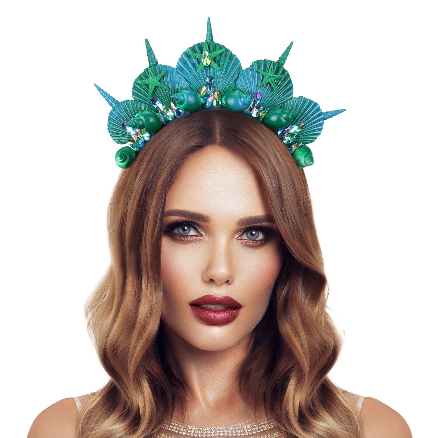 Green Halo Shell Crown - Medieval Mermaid Queen Tiara Blue Starfish Hairband