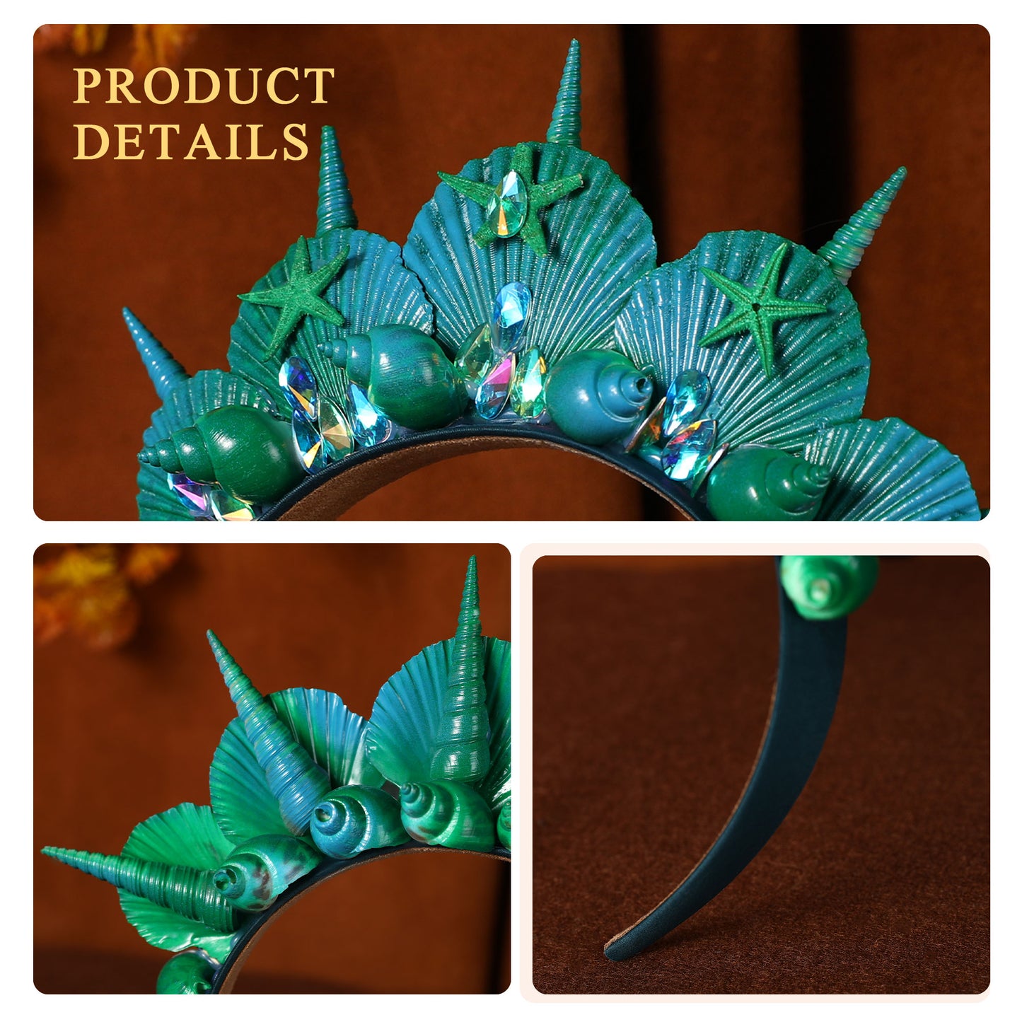 Green Halo Shell Crown - Medieval Mermaid Queen Tiara Blue Starfish Hairband