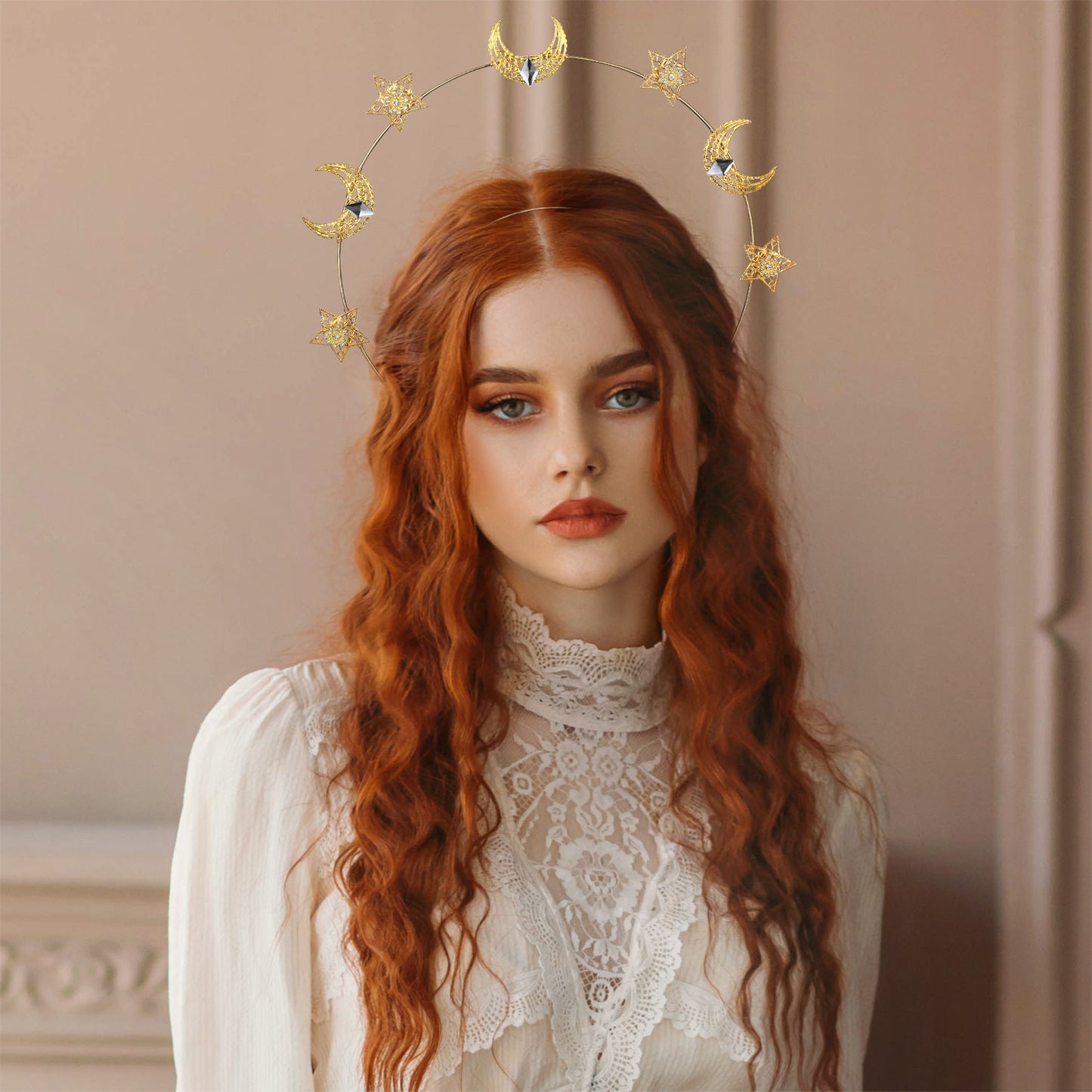 COSUCOS Moon Stars Halo Headband Gold Goddess Headpiece