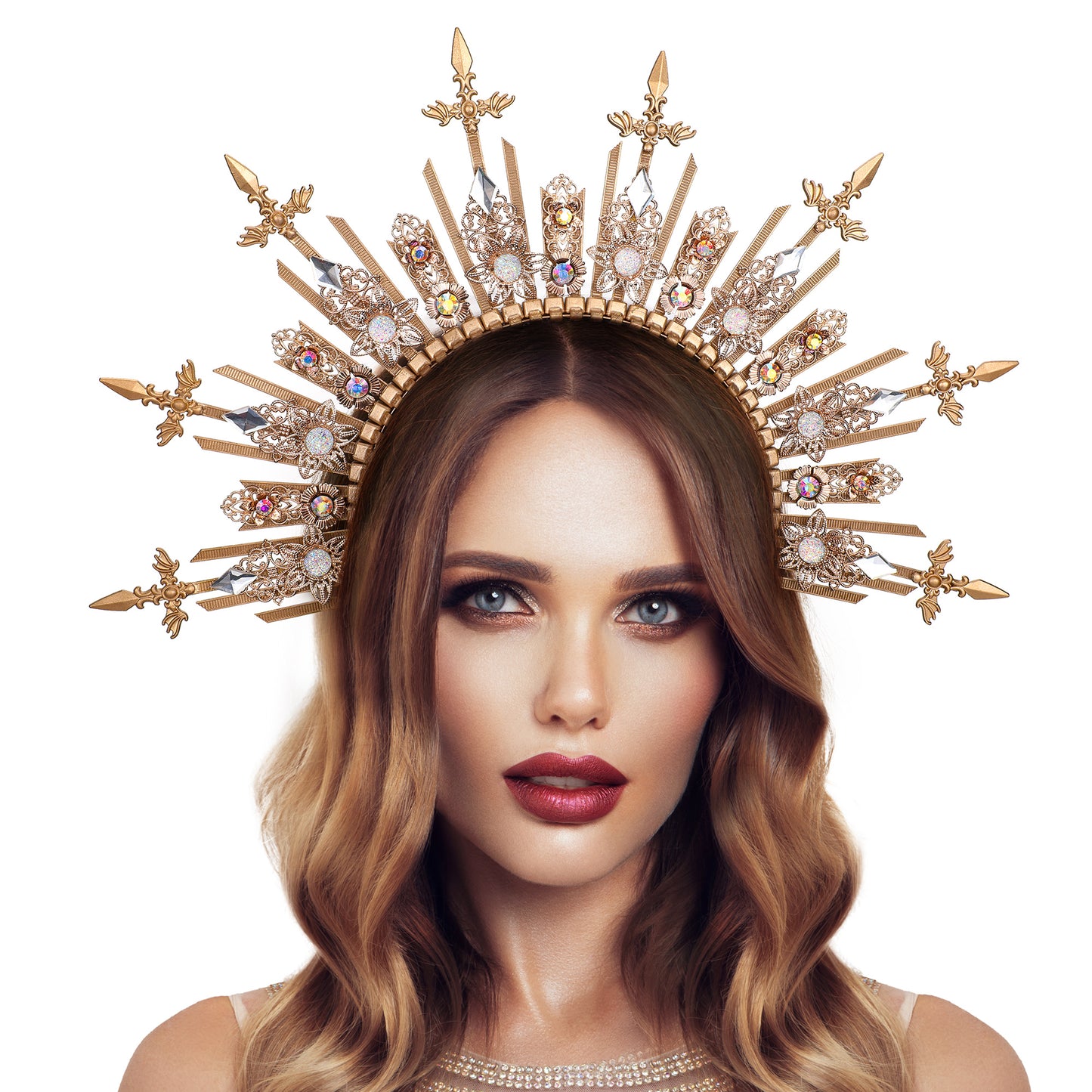 COSUCOS Halo Headpiece Handmade Gold Celestial Sunburst Crown