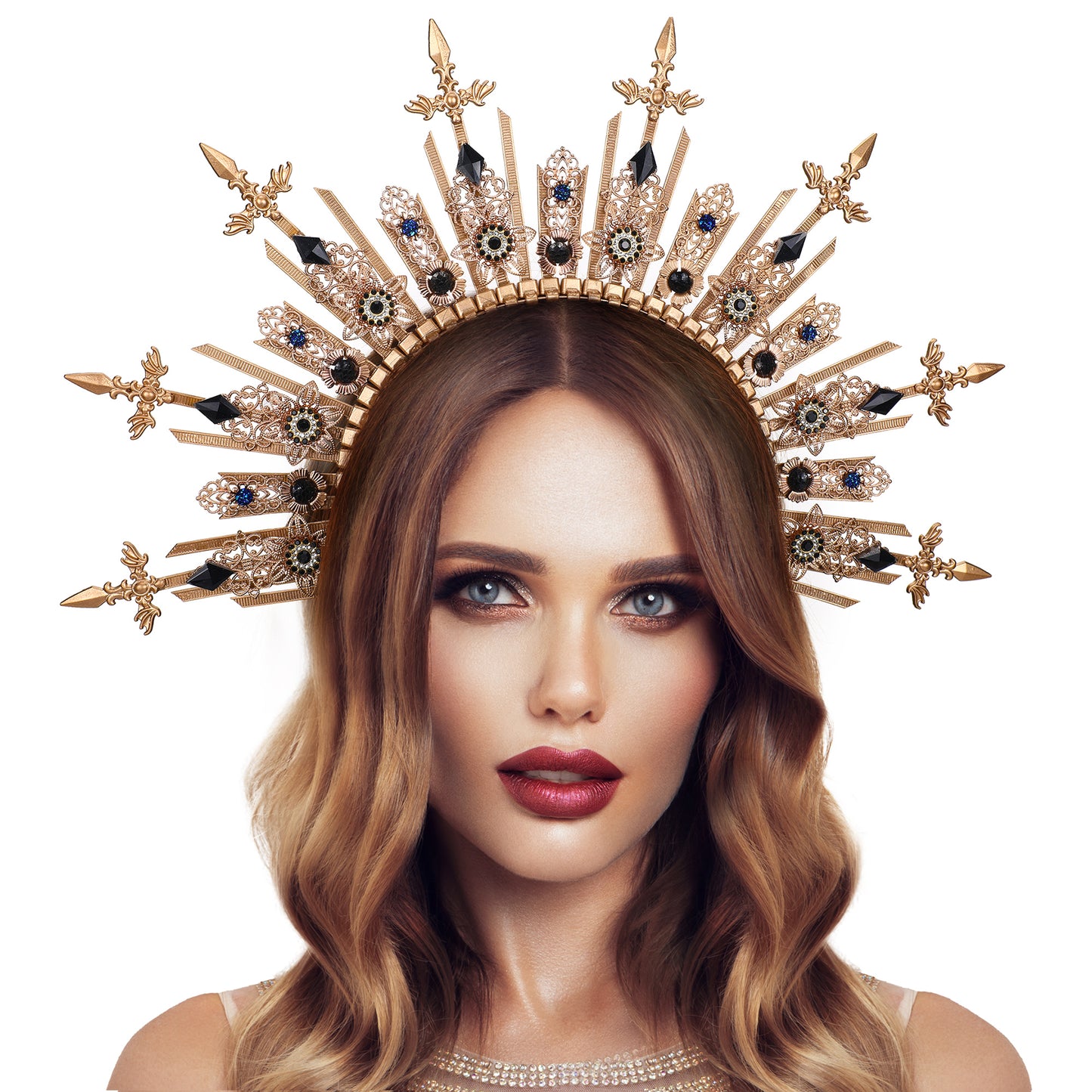 COSUCOS Halo Crown Handmade Gold Mary Goddess Headpiece