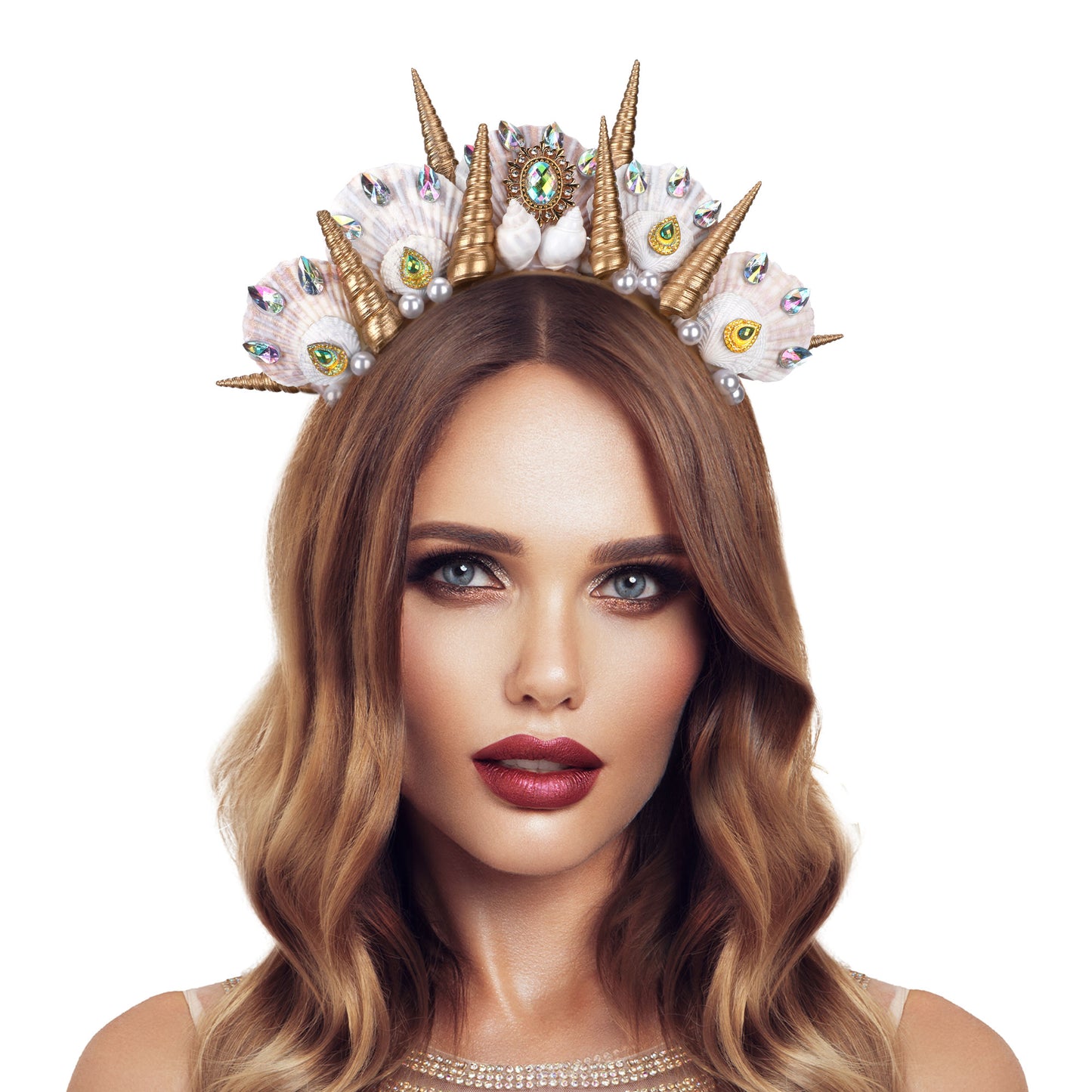Seashell Halo Crown Headpiece - Handmade Gold Spiked Mermaid Crown