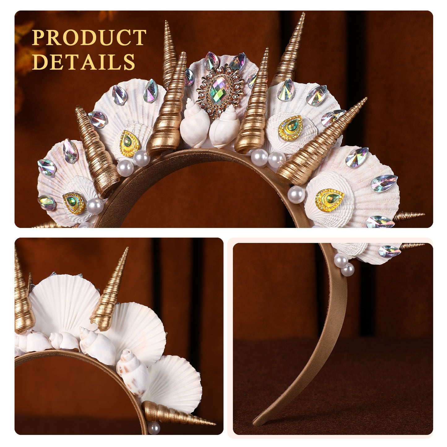 Seashell Halo Crown Headpiece - Handmade Gold Spiked Mermaid Crown