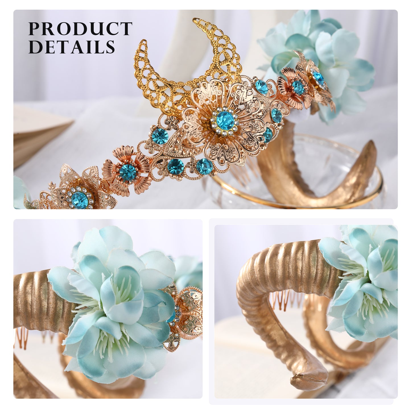 COSUCOS Fashion Gold Sheep Horn Headband Ram Horn Fairy Flower Crown Headwear