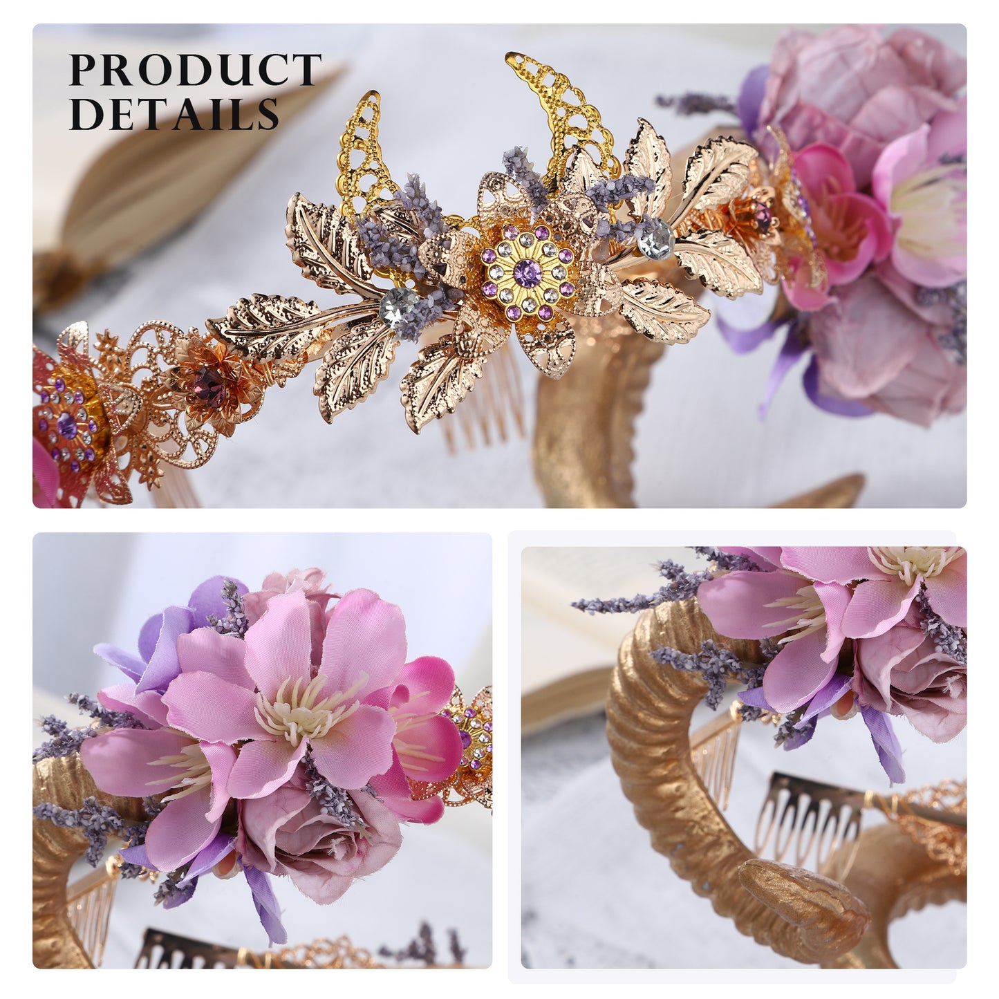 COSUCOS Classic Gold Ram Horn Crown Viking Sheep Horn Headband Elf Flower Tiara