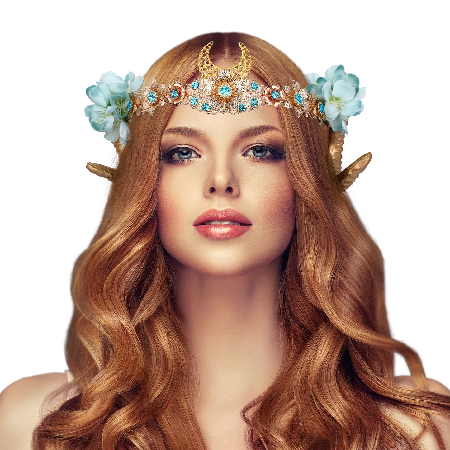 COSUCOS Fashion Gold Sheep Horn Headband Ram Horn Fairy Flower Crown Headwear