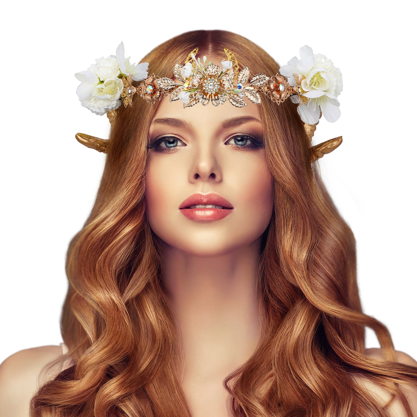 COSUCOS Classic Gold Ram Horn Crown Viking Sheep Horn Headband Elf Flower Tiara