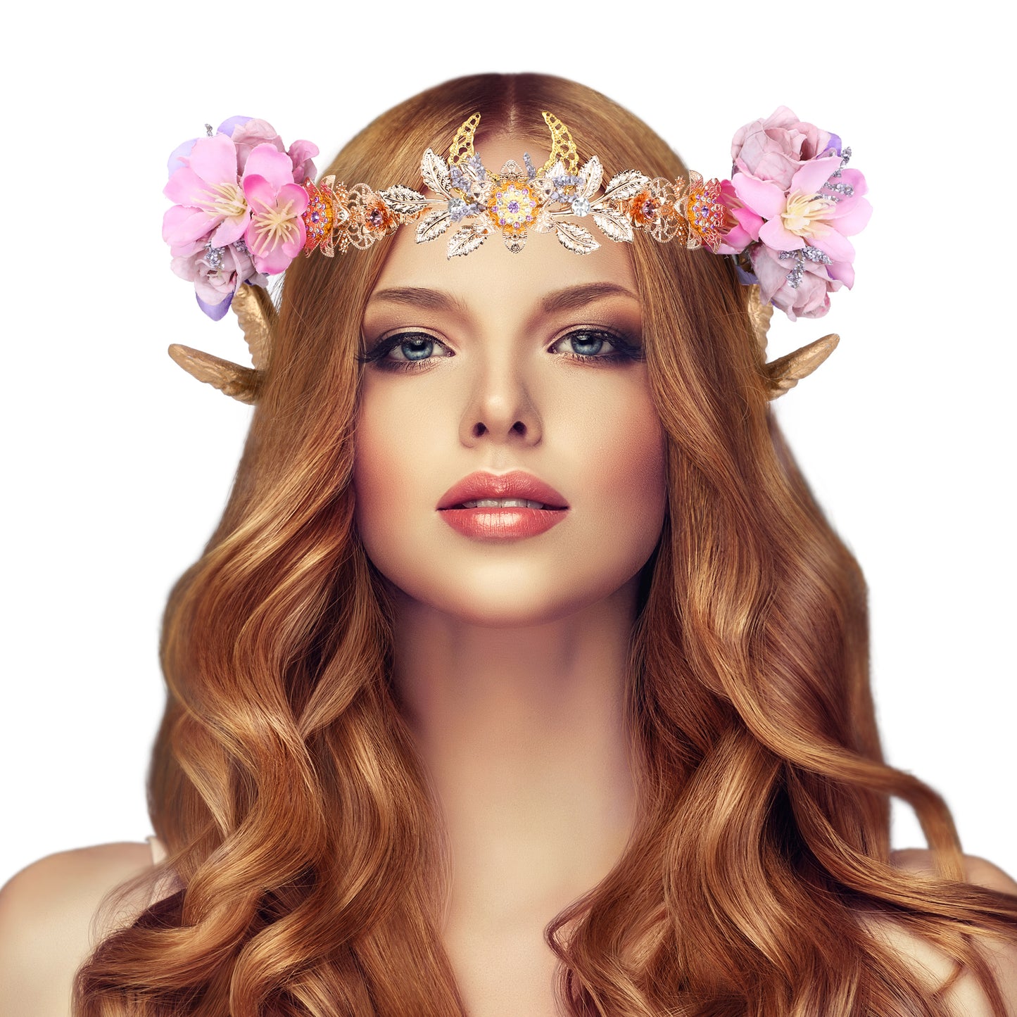 COSUCOS Classic Gold Ram Horn Crown Viking Sheep Horn Headband Elf Flower Tiara
