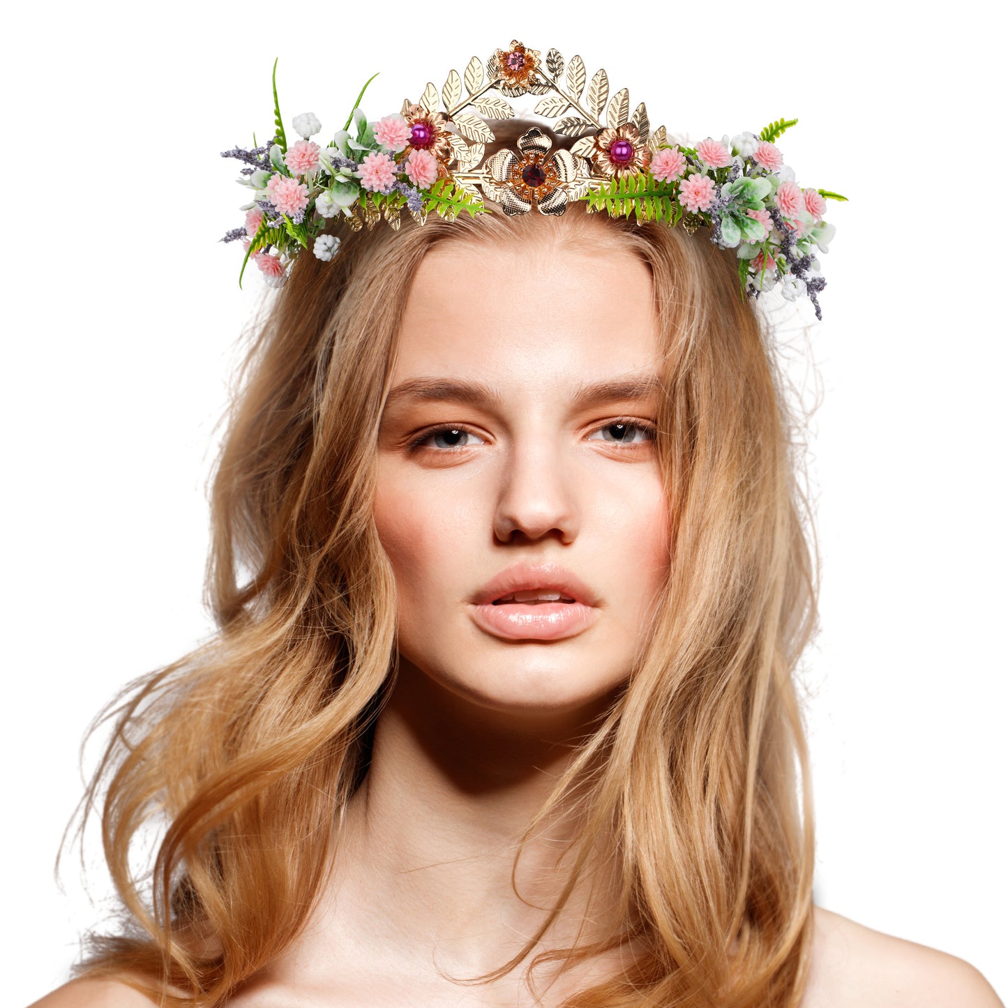 COSUCOS Exquisite Gold Goddess Leaf Crown with Pearl Rhinestone Princess Leaf Tiara