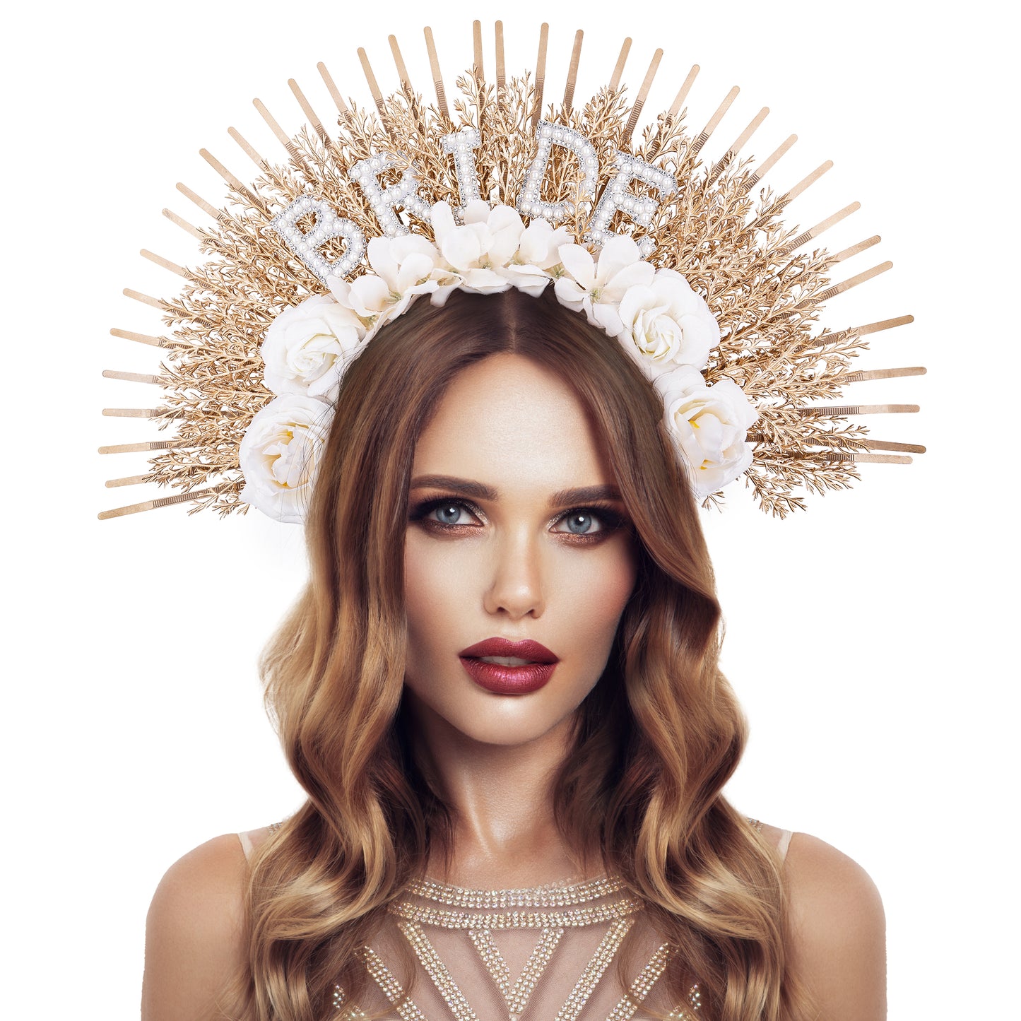 Golden Bridal Flower Halo Crown - Handmade Bride Weeding Tiara