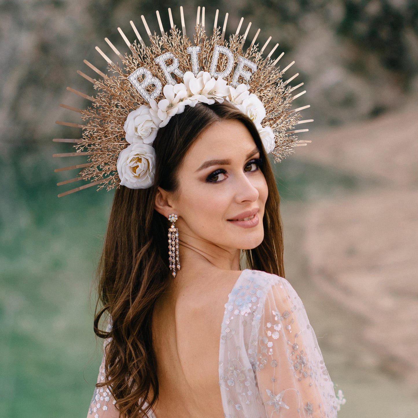 Golden Bridal Flower Halo Crown - Handmade Bride Weeding Tiara