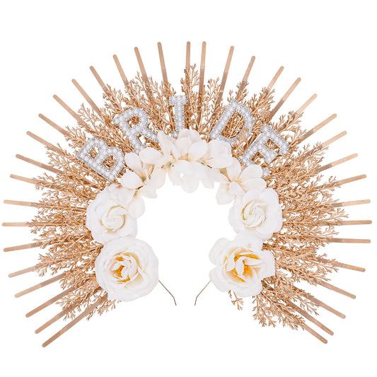 Golden Bridal Flower Halo Crown - Handmade Bride Weeding Tiara