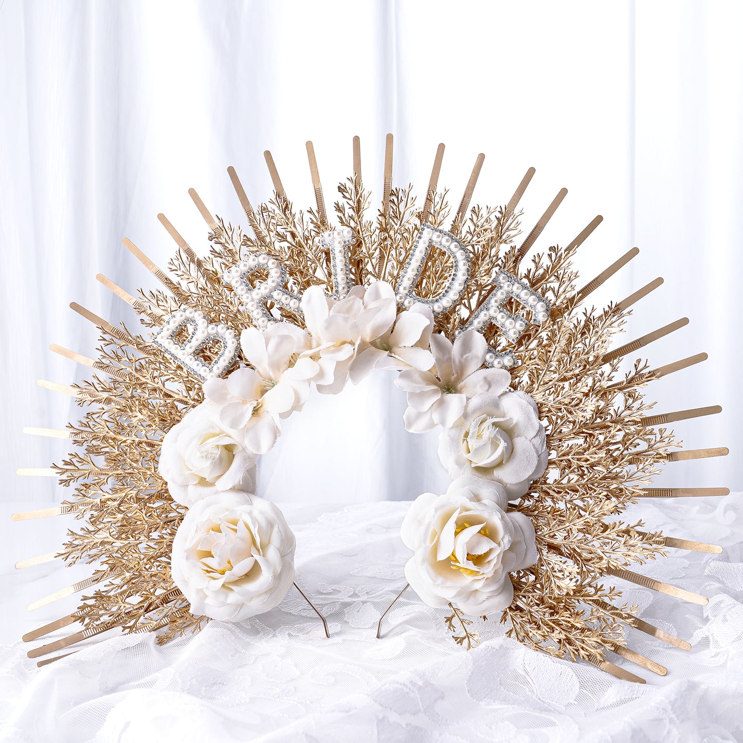 Golden Bridal Flower Halo Crown - Handmade Bride Weeding Tiara