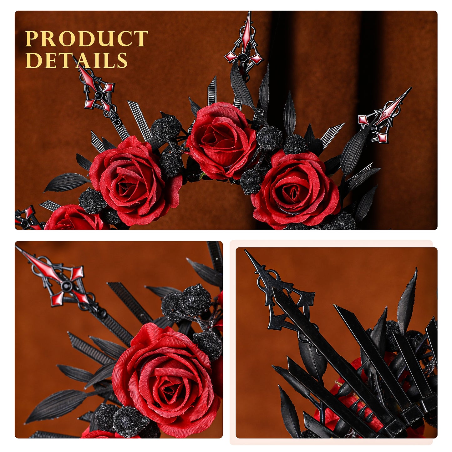 Black Red Rose Headband - Cosplay Costume Cross Halo Crown Spiked Sunburst Evil Gothic
