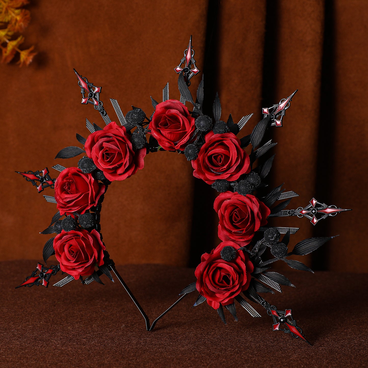 Black Red Rose Headband - Cosplay Costume Cross Halo Crown Spiked Sunburst Evil Gothic