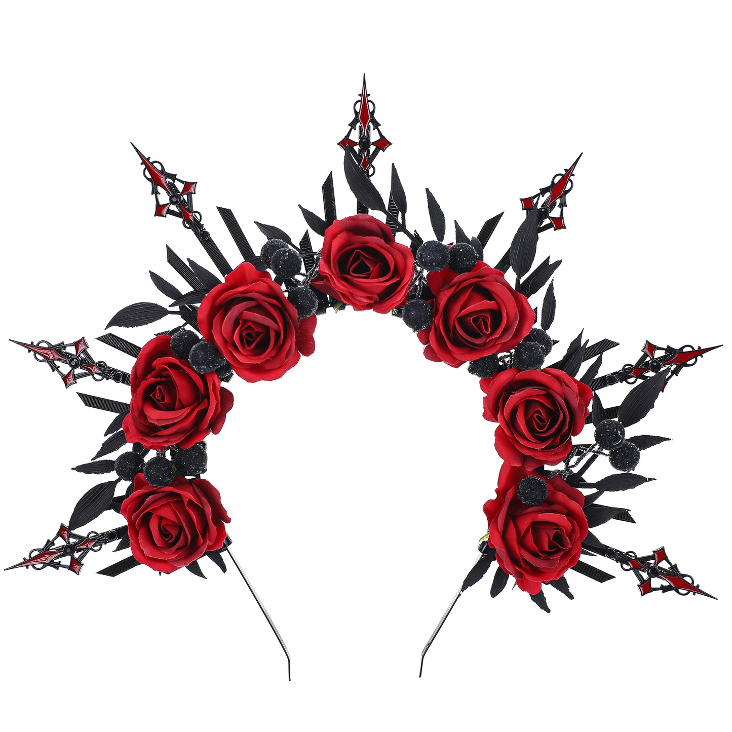 Black Red Rose Headband - Cosplay Costume Cross Halo Crown Spiked Sunburst Evil Gothic