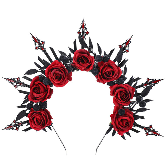 Black Red Rose Headband - Cosplay Costume Cross Halo Crown Spiked Sunburst Evil Gothic