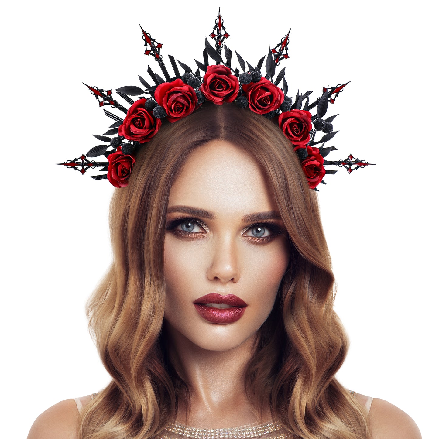 Black Red Rose Headband - Cosplay Costume Cross Halo Crown Spiked Sunburst Evil Gothic
