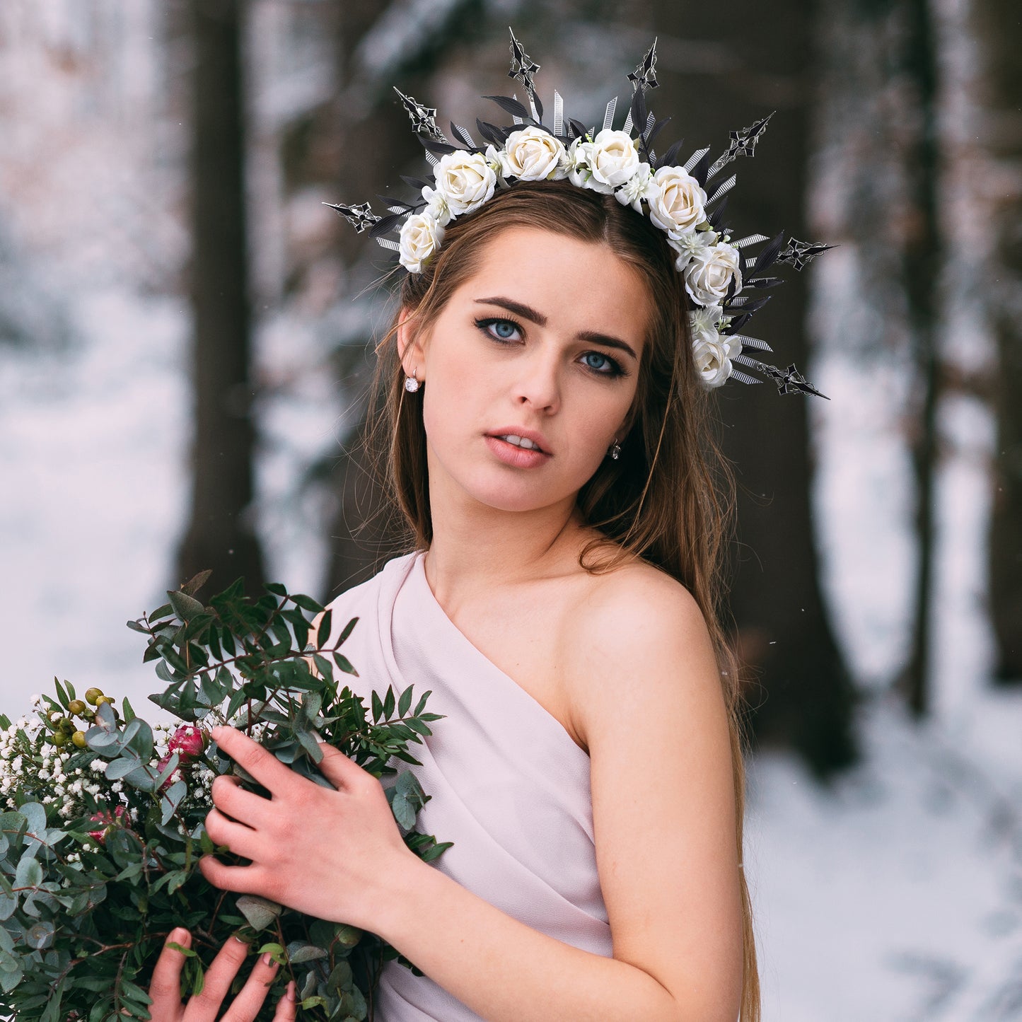 Rose Flower Halo Crown - Reborn Angel White Floral Headband Halo Sun Goddess Glitter Spiked