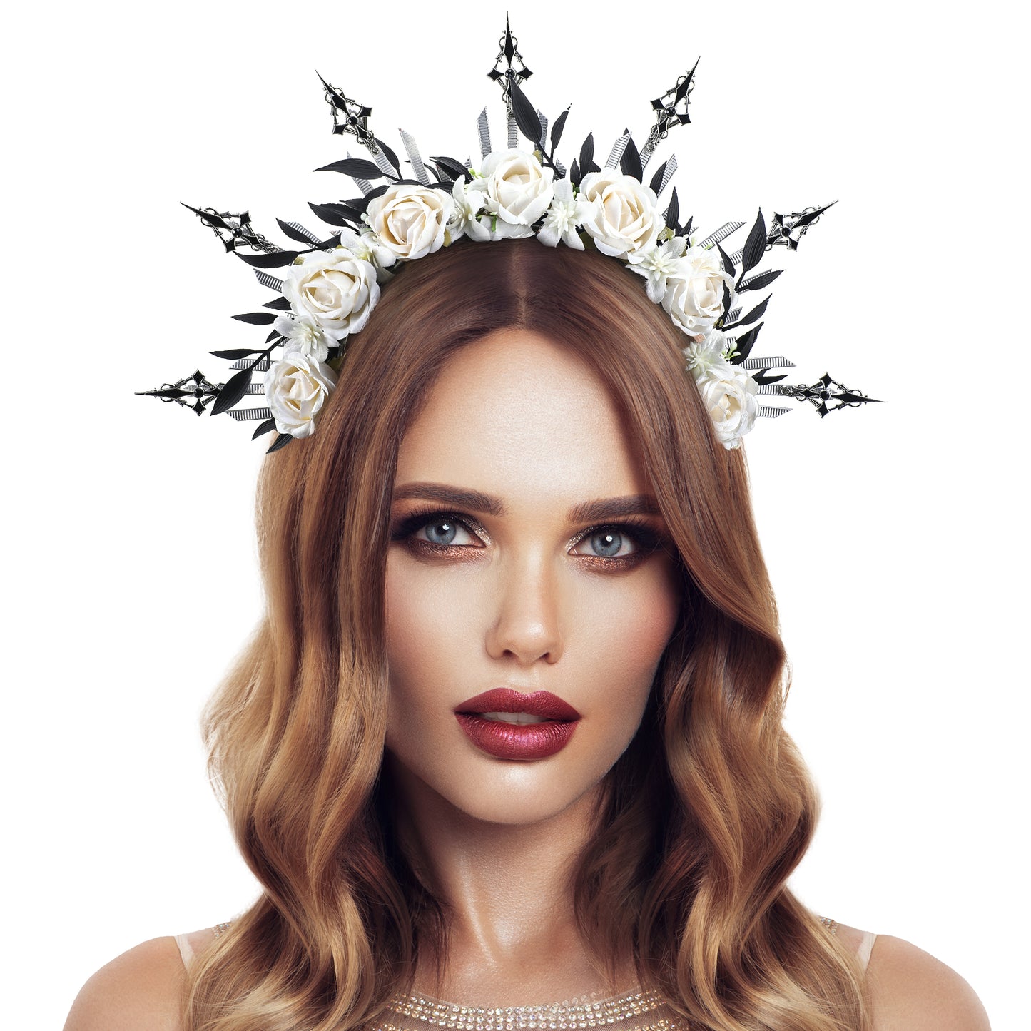 Rose Flower Halo Crown - Reborn Angel White Floral Headband Halo Sun Goddess Glitter Spiked
