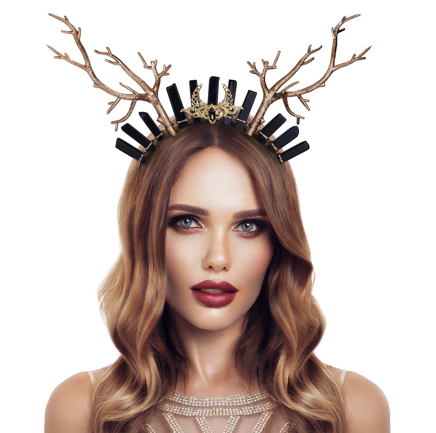 Gold Deer Antler Headband Moon Crystal Crown